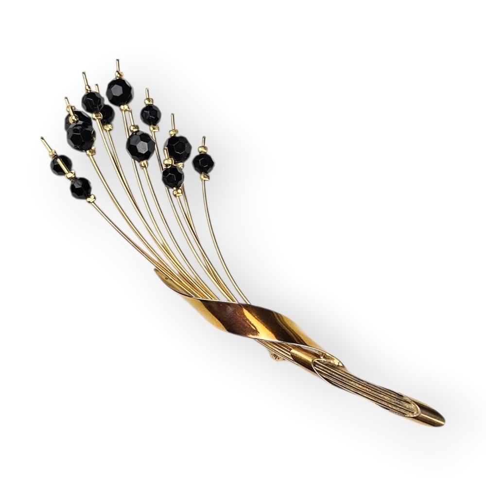 Vintage Floral Spray Brooch Black Bead Flower Gold Plated Wire Massive 4 7/8"